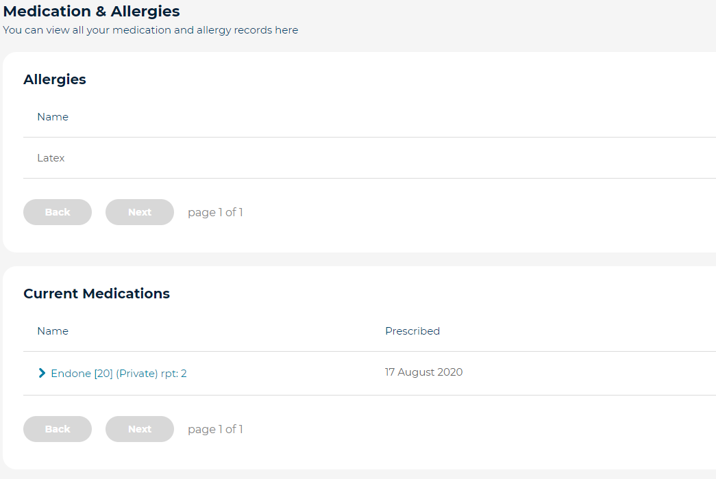 Medications and allergies tab